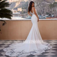 Customized Exquisite V Neck Backless Soft Satin Mermaid Wedding Dresses Luxury Appliques Beaded Court Train Trumpet Bridal Gown 2