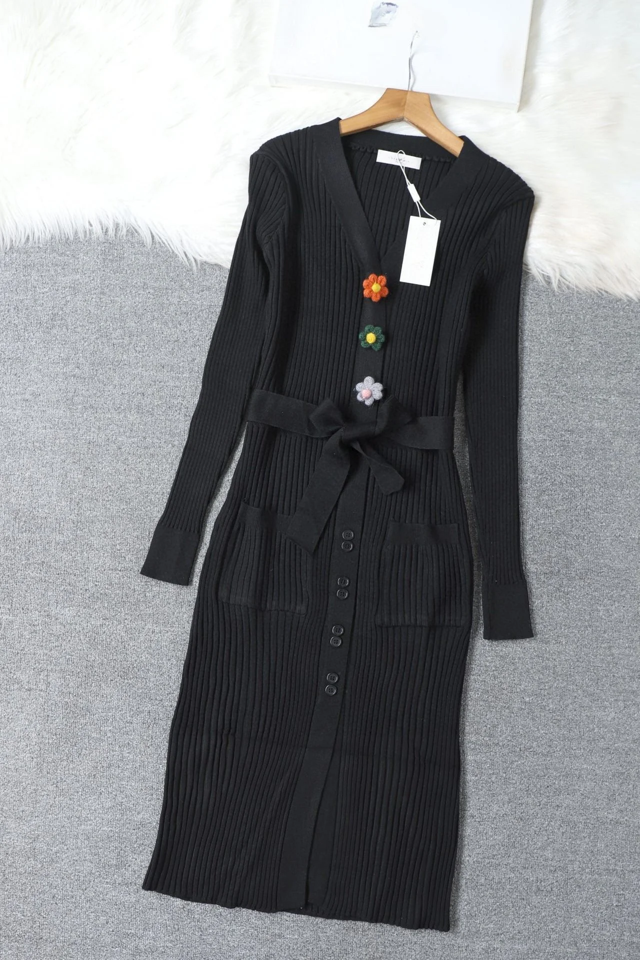 

23 autumn and winter new wool striped knit dress slim figure dress