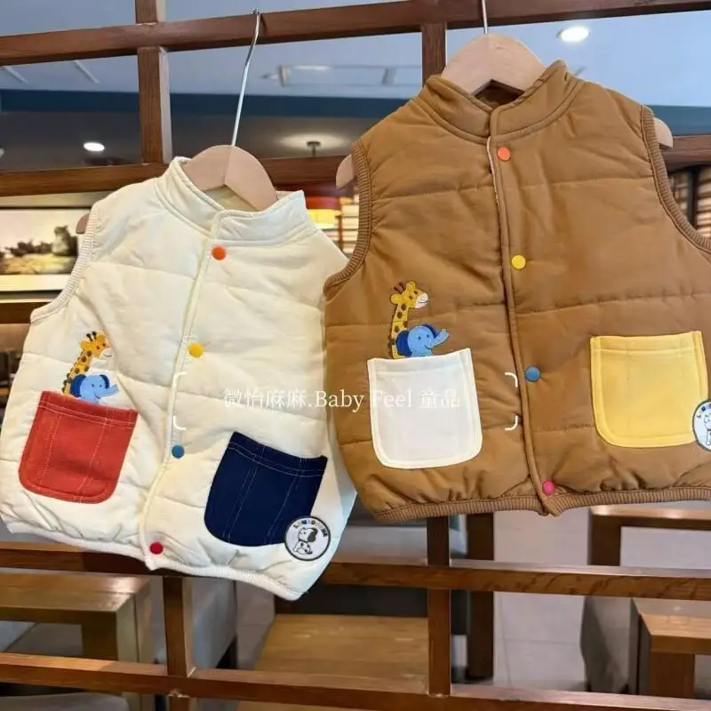 봄 가을 겨울 소년 소녀 귀여운 조끼 따뜻한 면 플리스 안감 두꺼운 귀여운 자수..