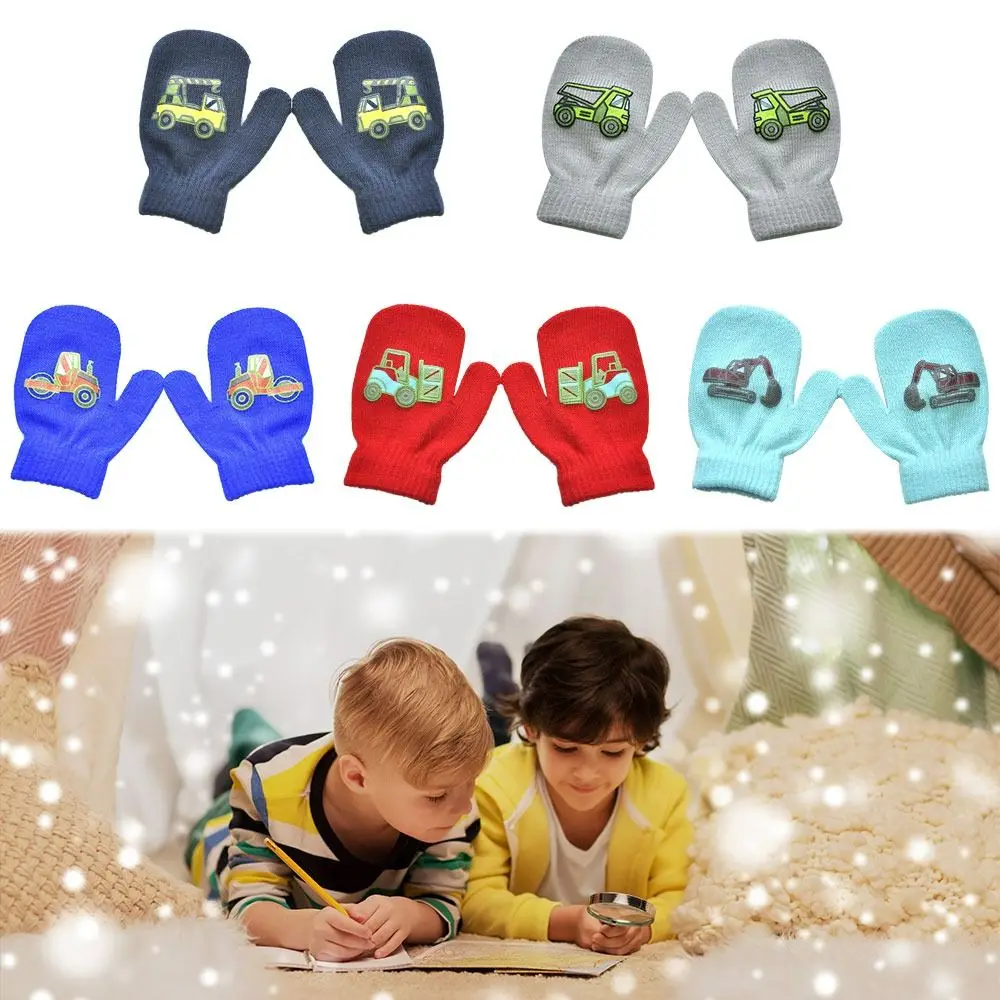 

2 pairs Thick Full finger Toddler Engineering Car Pattern Knitted Gloves Thick Warm Cute Mittens