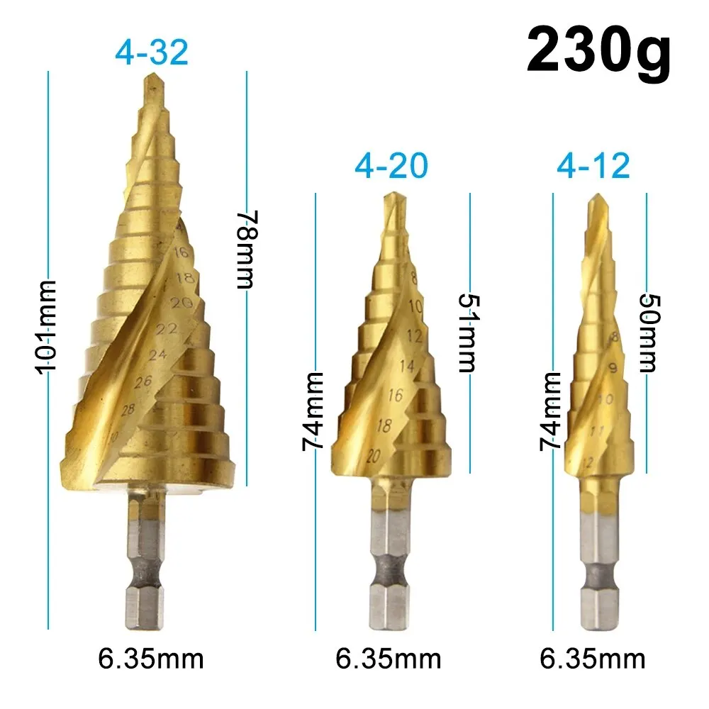 육각 생크 나선형 그루브 티타늄 코팅, 파고다 스타일 스텝 드릴 비트, 3 피스, 4-12/4-20/4-32