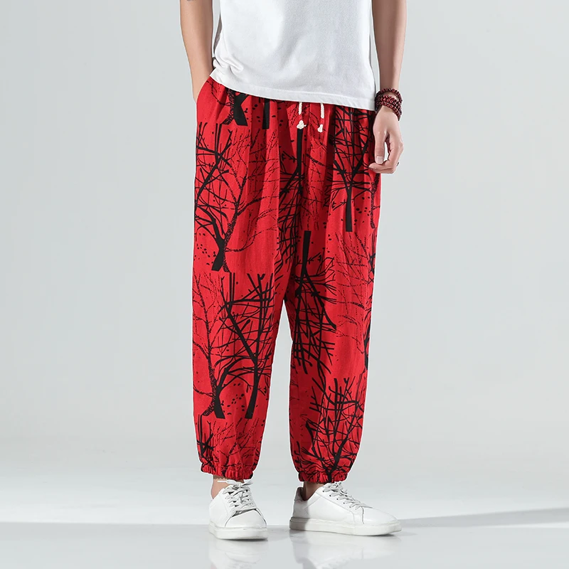 

Sinicism Hanfu Men's Casual Color Contrast Printed Pants Men's Summer Loose Ankle Banded Harem Pants Cotton Bloomers for Men