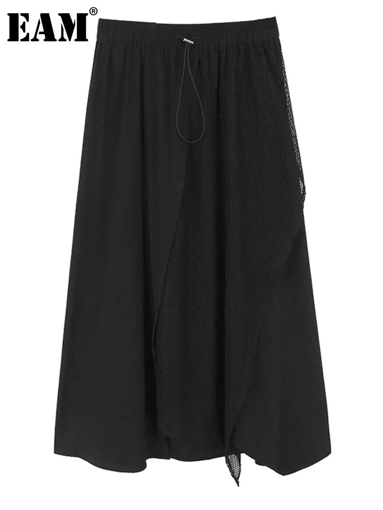 

[EAM] High Elastic Waist Black Irregular Mesh Drawstring A-line Half-body Skirt Women Fashion New Spring Autumn 2024 1DH5560