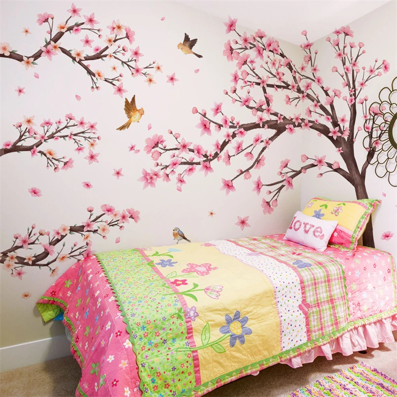 Wall Stickers Japanese Pink Cherry Blossom Tree For Kids Room