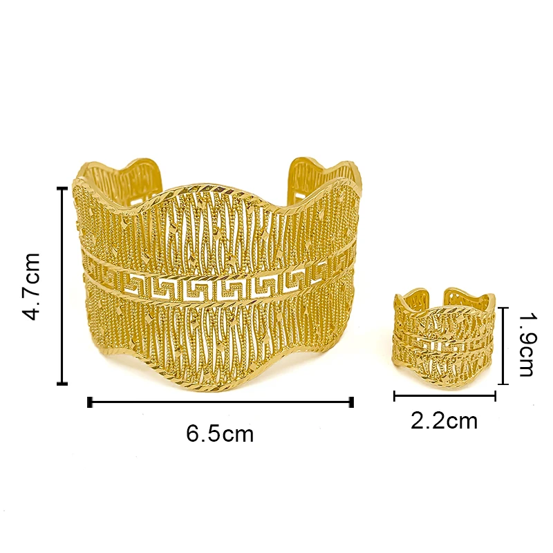 Manschetten-Armreif-Schmuck, hohl, 18 Karat vergoldet, Schmuckset für Frauen, Luxus-Muster, Armband, Ring, afrikanische Braut-Hochzeitsgeschenke – Detail 5