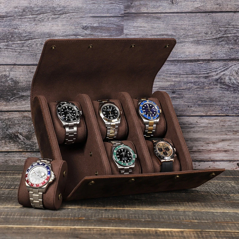

Classic Travel Storage Leather Bag PU Leather Watch Case Prevents Scratching Oxidation Watch Box 6 Slots Pouch Engravable Logo