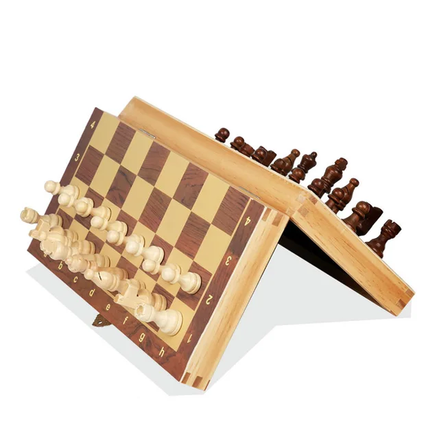 Buy Online Best Quality Wooden Chess Set Folding Magnetic Large Board With 34 Chess Pieces Interior For Storage Portable Travel Board Game Set For Kid.