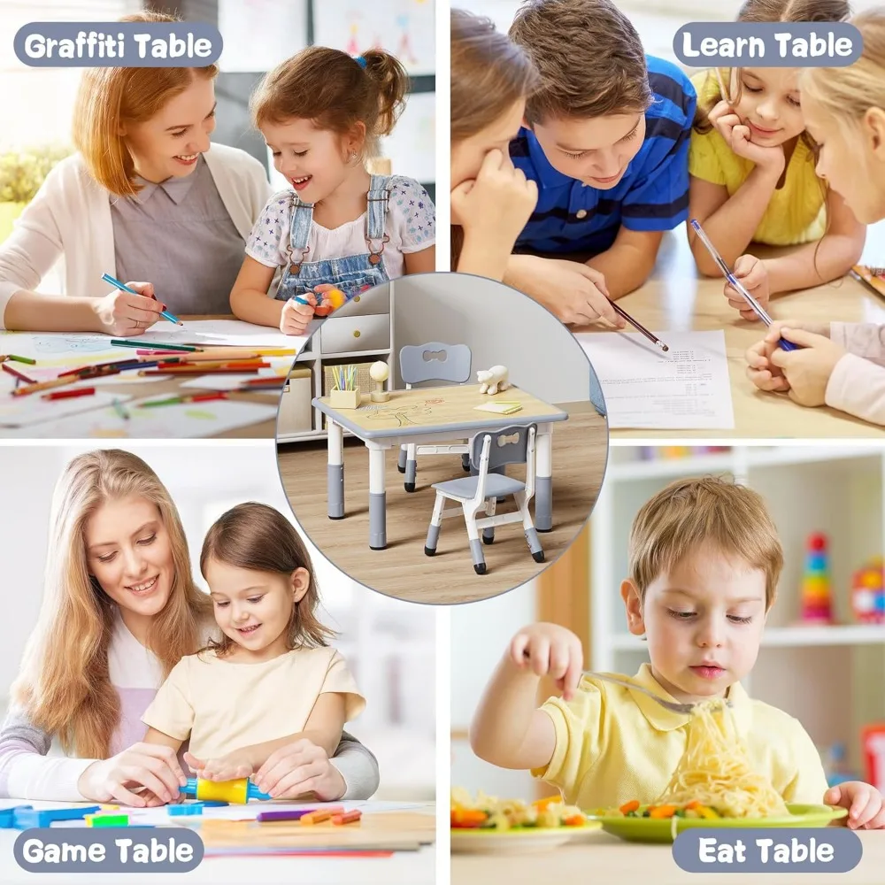Kids Table and 2 Chairs Set, Height Adjustable Toddler Table and Chair Set, Graffiti Desktop, Ages 2-8