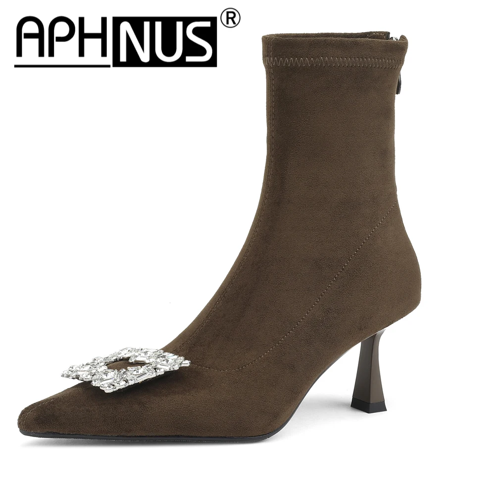 

Женские ботинки APHNUS, зеленые короткие ботильоны из стрейчевой ткани, туфли-лодочки на среднем высоком каблуке, новинка 2023