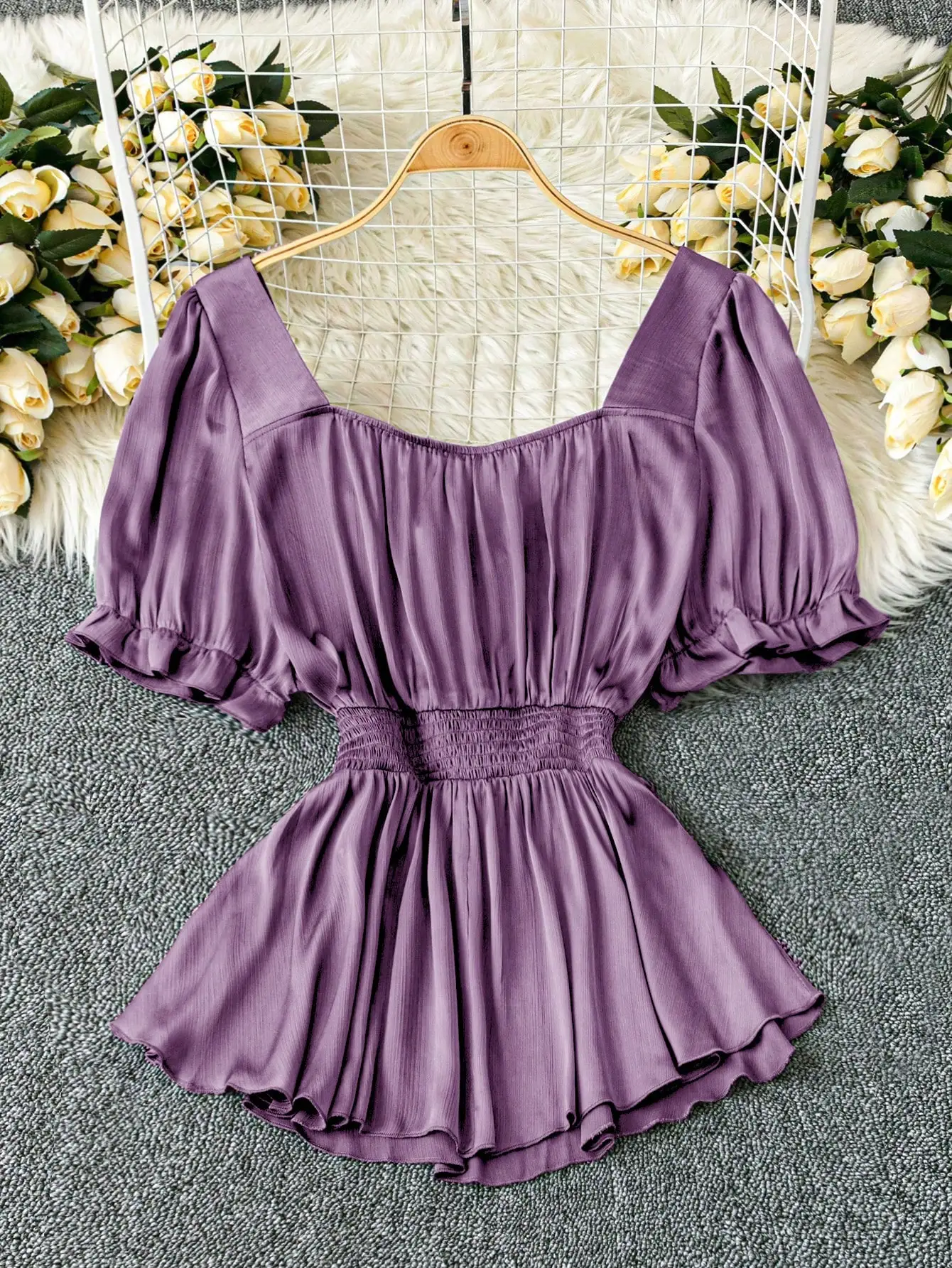 Chic Purple Pleated A-Line Top with Flared Sleeves for a Slimming Silhouette
