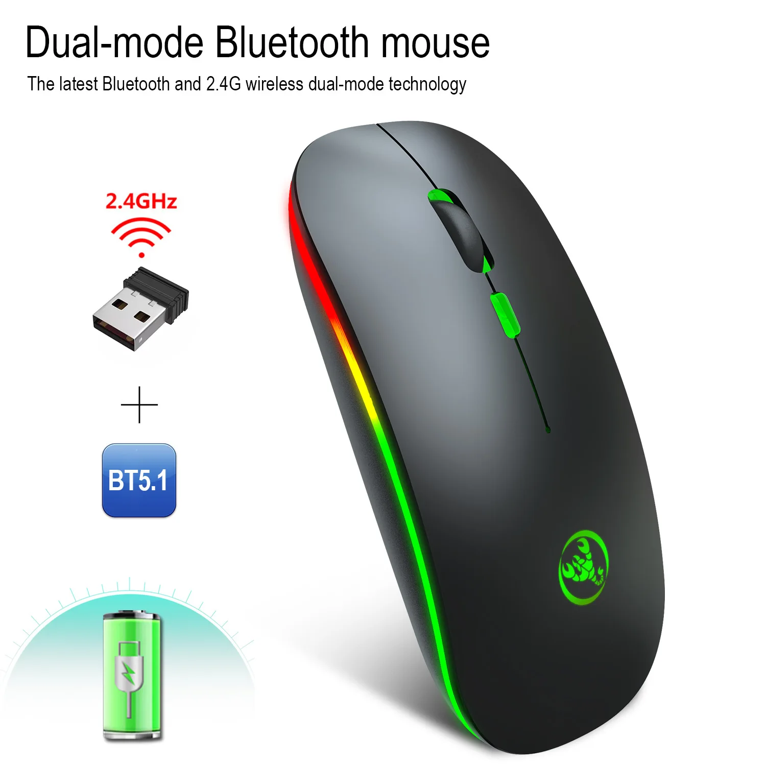 

T18 Light-emitting Bluetooth 5.1 Dual-mode Charging Wireless Mouse Mute 2.4G Mouse With Rechargeable Battery RGB