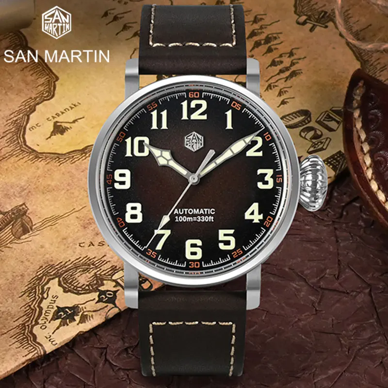 

San Martin Vintage 44.5mm Pilot Men Watch YN55 Automatic Mechanical Clock Simple Military Style Sapphire Waterproof 100M C3 Lume