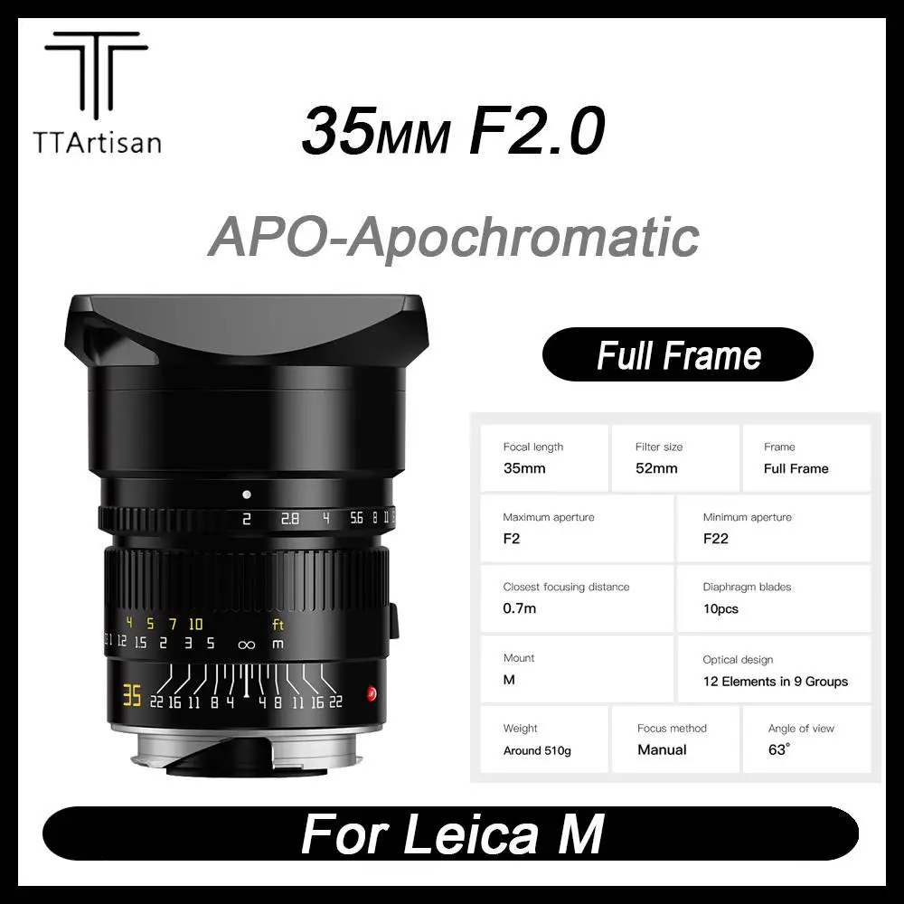 Ttartisan 35Mm F2.0 Full Frame Mf Mirorrless Camere Lens Wide Apeture Compatibile Con Leica M