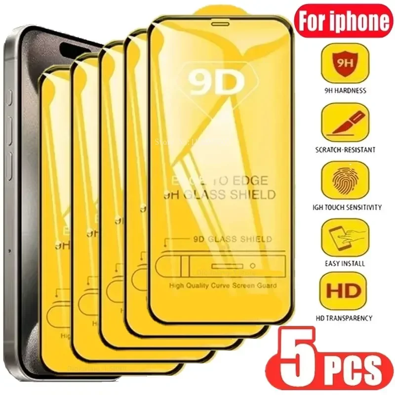 

Защитное стекло 9D для iPhone, закаленное стекло для защиты экрана IPhone 14 13 12 11 Pro Max Mini 7 8 Plus 11 15 XR XS MAX, 5 шт.