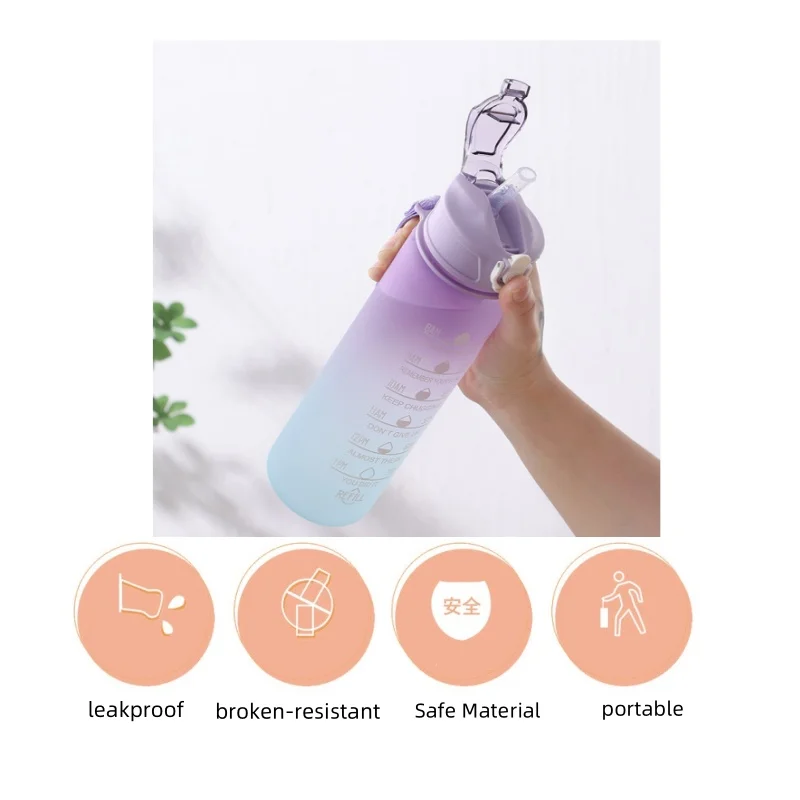 Sports Water Bottle Portable Water Bottle 750ml Sports Water Bottle Motivational Gradient Water Bottle Outdoor Frosted Leakproof Drinking Kettle Portable Durable Cup