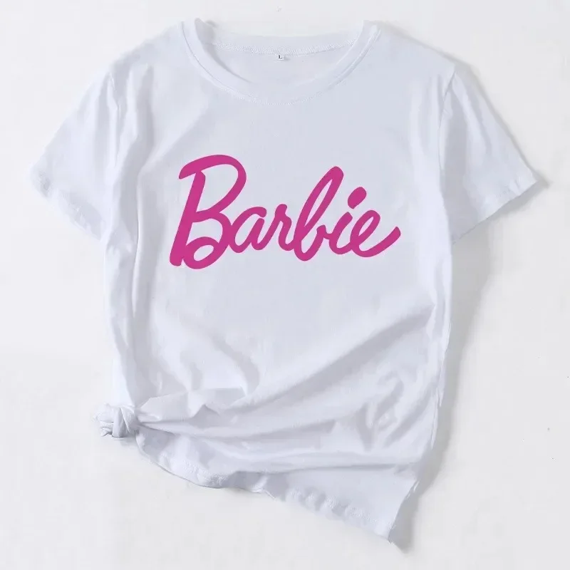 Barbie Cartoon T-Shirt Women Letter Top Crew Neck Print Summer Short Sleeve Clothes Anime Kawaii Oversize Girls Tshirts 3