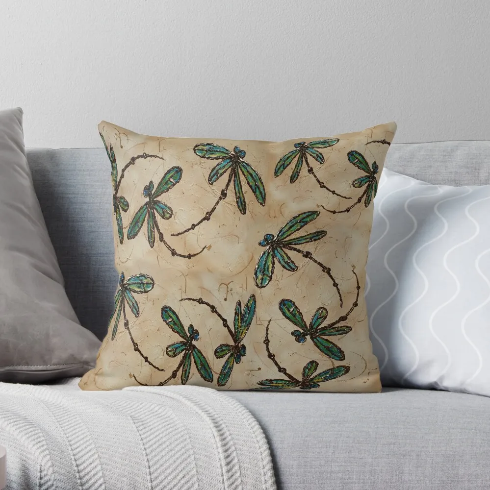 Dragonfly Flit Rustic Cream Throw Pillow Embroidered Cushion Cover