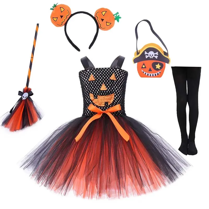 

Cosplay Pumpkin Witch Costume for Girls Fancy Tutu Dress with Hat Broom Evil Queen Ball Gown Disguise Fille Halloween Costume