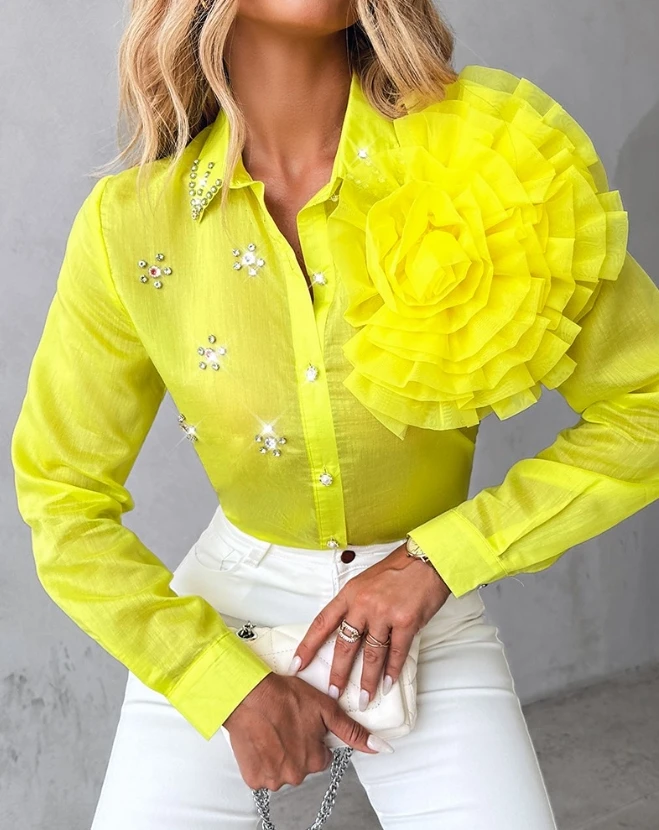 

Rose Detail Rhinestone Turn-down Collar Top 2023 New Women's Casual Daily Long Sleeve Regular Floral Button Pearls Blouses
