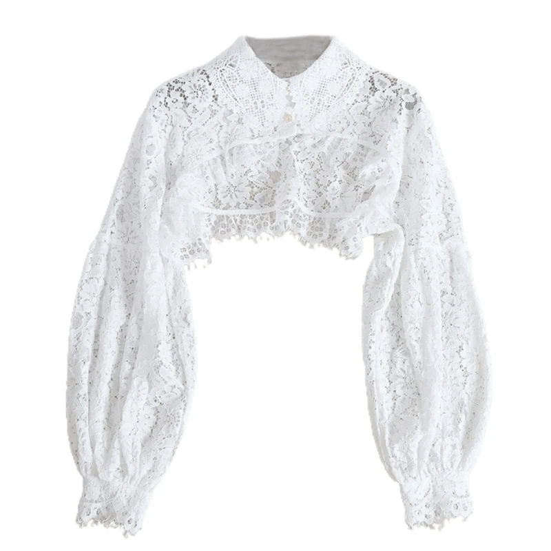 

Women Puff Long Sleeve Lapel Half Top Blouse Hollow Out Eyelash Floral Lace Detachable False Fake Collar Dickey Necklace D5QB