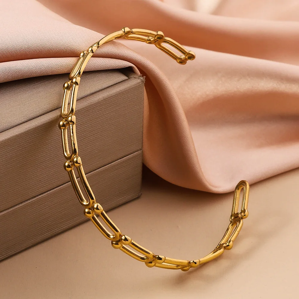 Women's Stainless Steel Opening Bangle Bracelet, Personalized Simple Hollow Gold Color Metal Bracelet, Party Jewelry Accessories 3