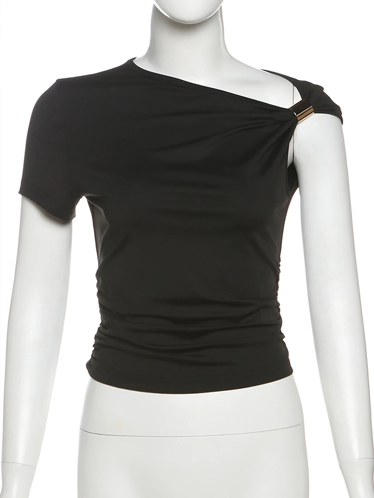 Nibber Summer Fashion Irregular Off Shoulder T-Shirts Women Ruched Skew Collar Single Sleeve Casual Solid Simple Streetwear