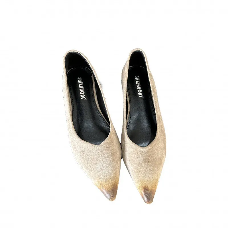 French Suede Temperament Socialite Black Slim Heel Shoes Women's New Spring and Autumn Season, One Foot Wearing Pointed Ladybugs