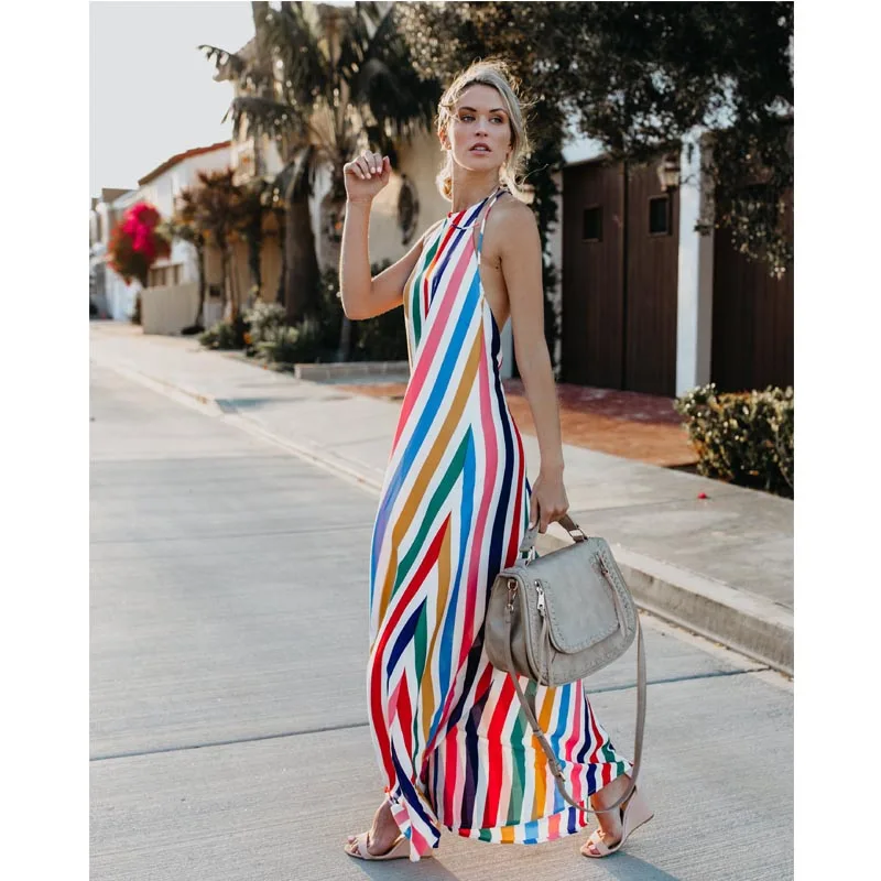 

Rainbow Striped Backless Beach Dress Bikini Cover Up Tunics for Beach Sarong Robe De Plage Bikini Cover Up Vestido De Playa