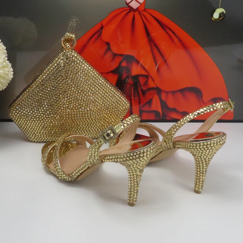 Champagne Crystal Bridals Wedding Shoes and bag Set Woman Thin