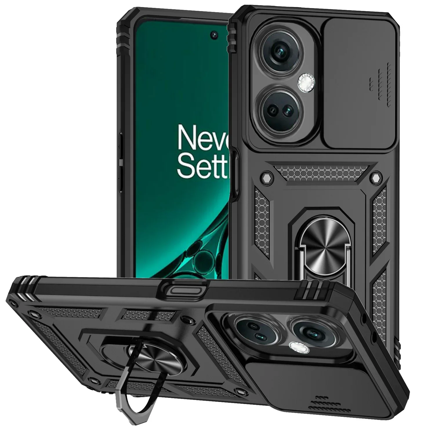 Armor Shockproof Phone Case with Metal Ring Holder and Slide Camera Lens Protector