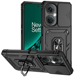 Armor Shockproof Phone Case with Metal Ring Holder and Slide Camera Lens Protector for Nord CE 3 Lite (Black)