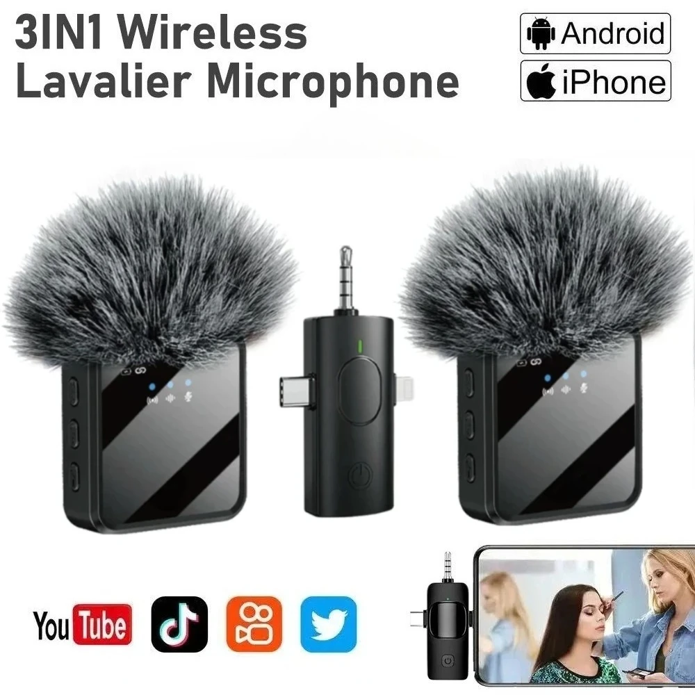 3in1 Wireless Lavalier Microphone for Camera,iPhone,Android,Microphone for Video Recording Recording Podcast Noise Reduction mic
