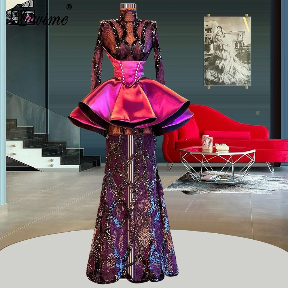 

Purple Beaded Evening Dresses New Fashion Celebrity Dresses High Neck Long Sleeves Muslim Prom Dresses Vestidos De Gala Pageant
