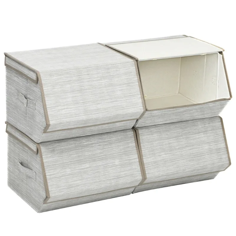 

Gymax Stackable Large Bins Cubes W/Lids Storage Organizers W/Linen&Oxford Fabric 4Sets