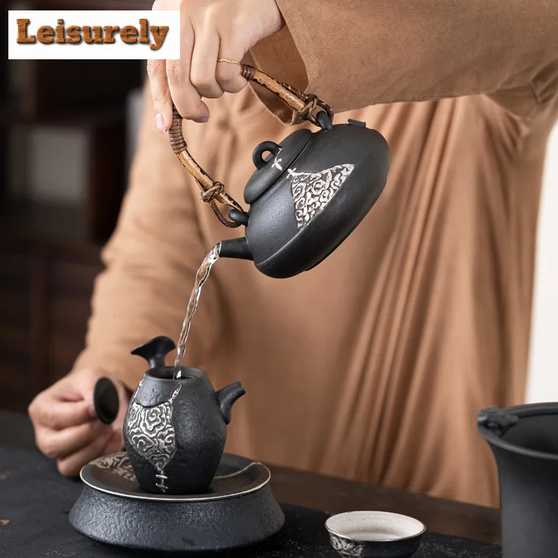 Japanese Crude Pottery Handmade Alum Black Teapot Warmer Ceramic Retro Tea Stove Candle Holder Kettle Holder Tea Stove Tea Set