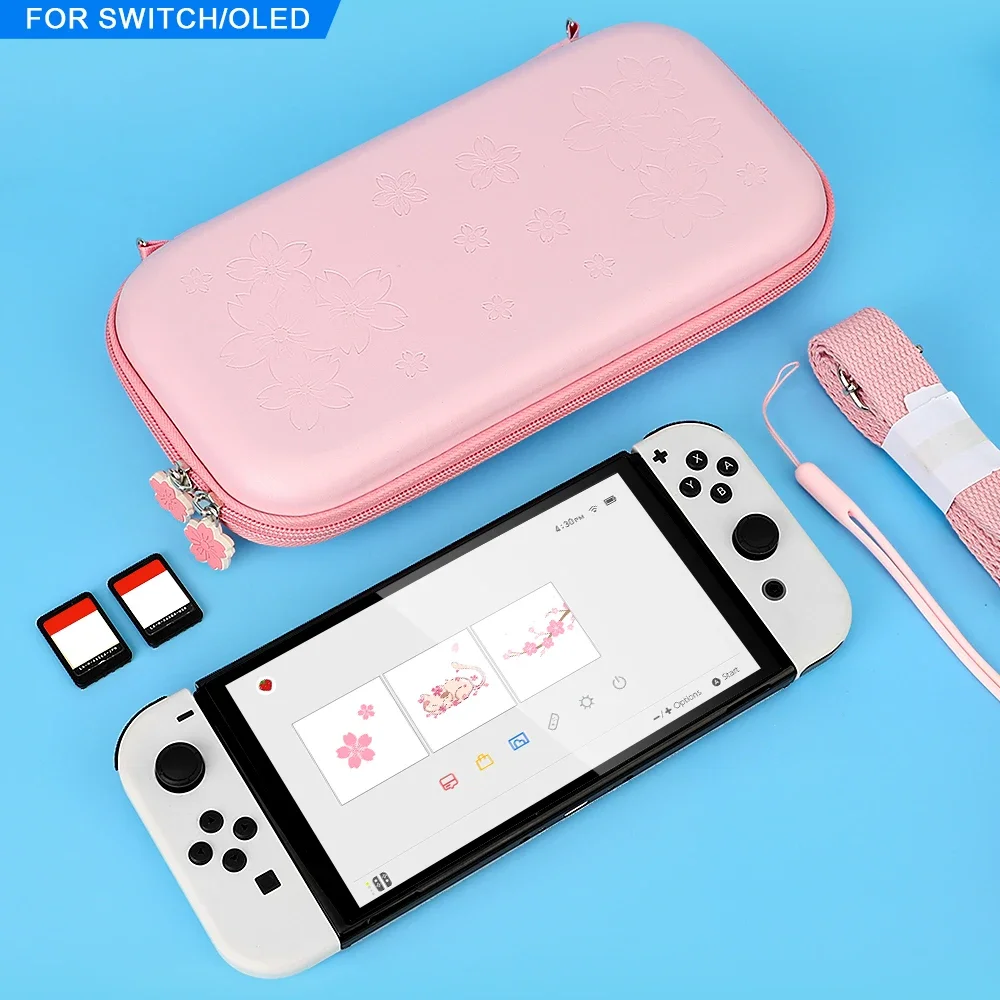 귀여운 핑크 벚꽃 보관 가방 커버 스위치 및 OLED 휴대용 여행용 가방 게임 액세서리