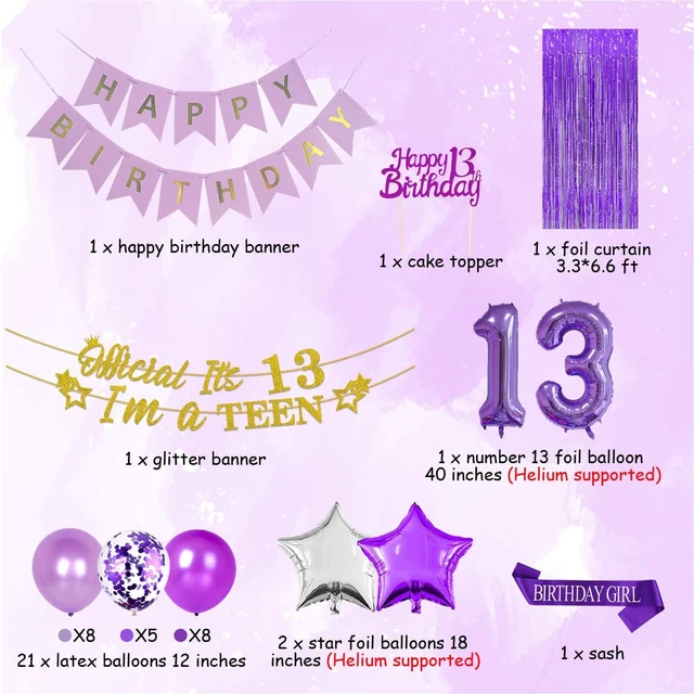 YMEMO-Bannière de joyeux anniversaire pour filles, ballon en aluminium, décoration  de fête, chaîne violette, 13 ans - AliExpress