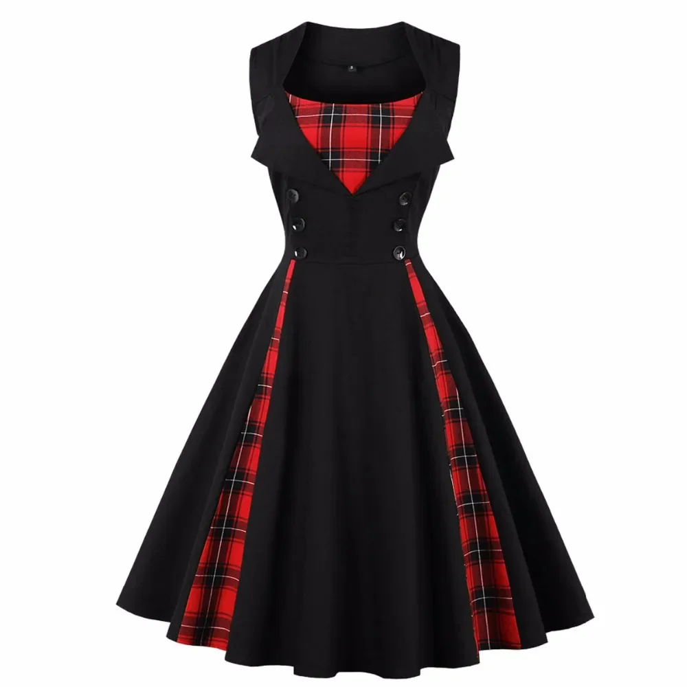 

Tonval Black and Plaid Vintage 4XL 5XL Summer Dress Women Button Front Sleeveless Pinup 1950s Cotton Retro Rockabilly Dresses