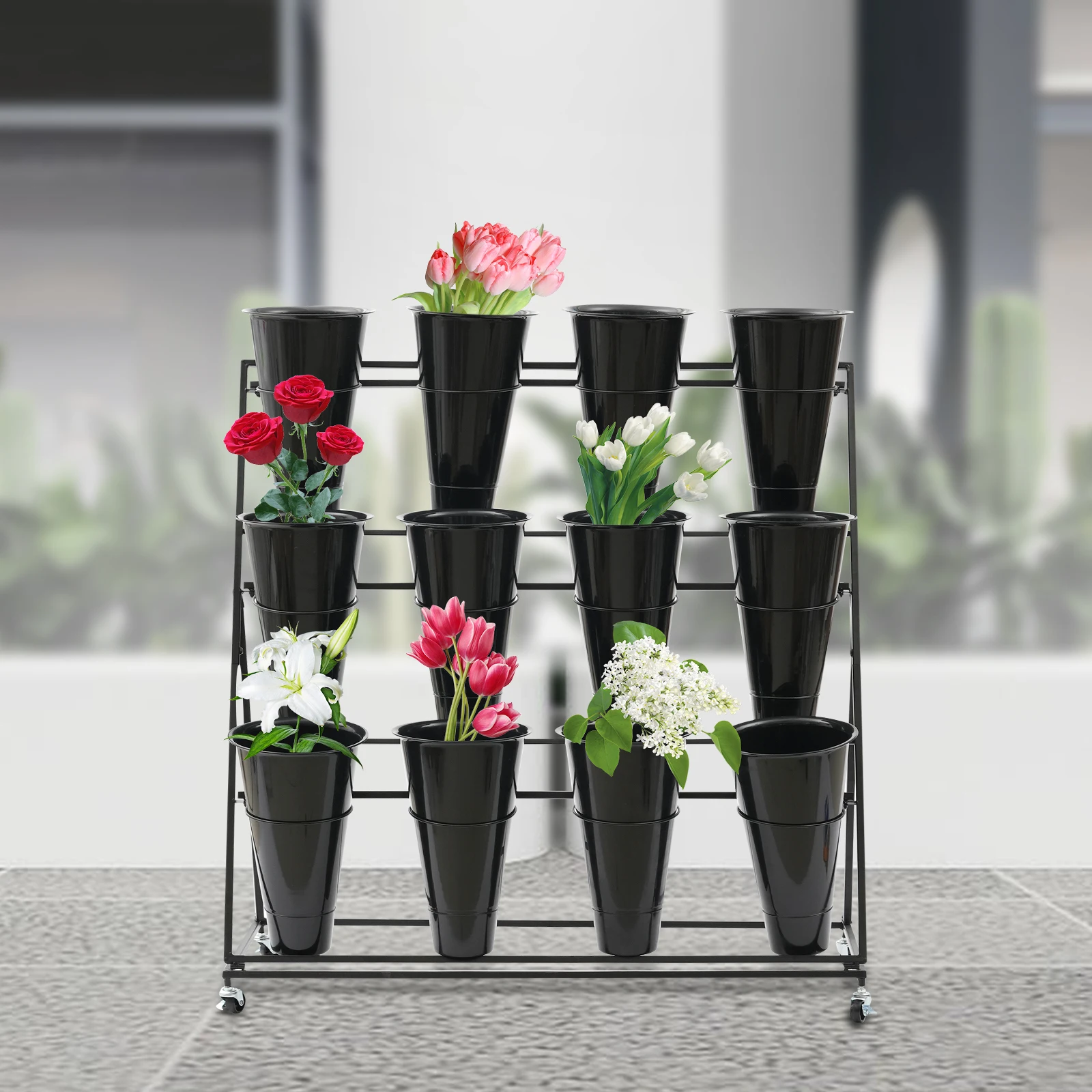 

Black Flower Display Stand 12 x Buckets / 3 Layers Metal Plant Stand with Wheels