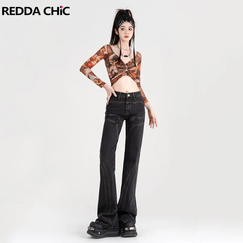 

ReddaChic Patchwork Vintage Bootcut Pants for Women Denim Bell Bottoms Trousers High Rise Slim Flare Jeans Grunge Y2k Streetwear