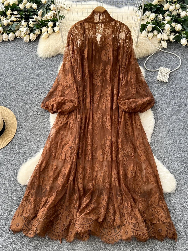 SINGREINY High Street Lace Loose Dress Bow Collar Long Lantern Sleeve Oversize Dress Autumn Thin Vintage Senior 2 Pieces Dresses 6