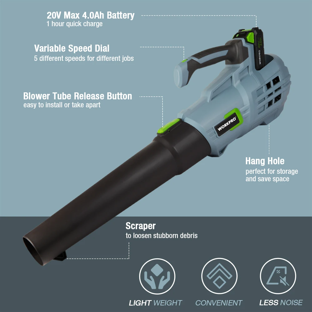 WORKPRO 4.0Ah Battery 20V Cordless Leaf Blower Variable Speed Air Powered Blower Sweeper for Dust,Snow Blowing Garden Power Tool 5
