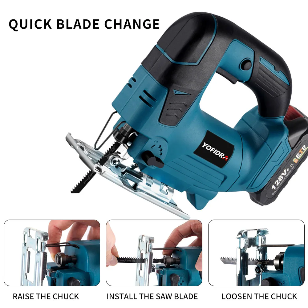 YOFIDRA 65MM Electric Jig Saw 45&deg; Multi-Function Cordless Curve Saw Cutting Metal Woodworking Power Tool fit 21V 18V Battery electric saw,cordless jigsaw