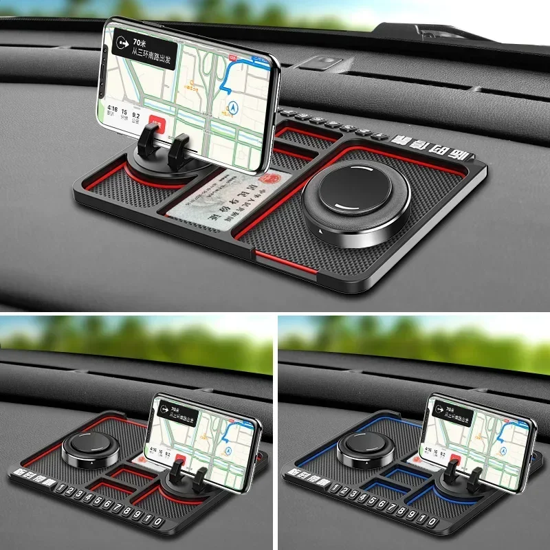 Car Anti Slip Mat Rotatable Phone Holder GPS Storage Cushion with Parking Card Slot Interior Accessories