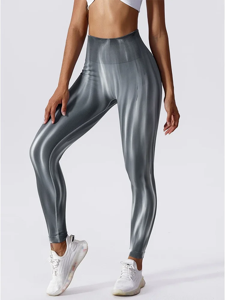 Women's High-Waisted Seamless Pants, Tie-Dye Aurora Seamless Pants, Peach Hip, Fitness Leggings, Breathable, Tight Yoga Pants