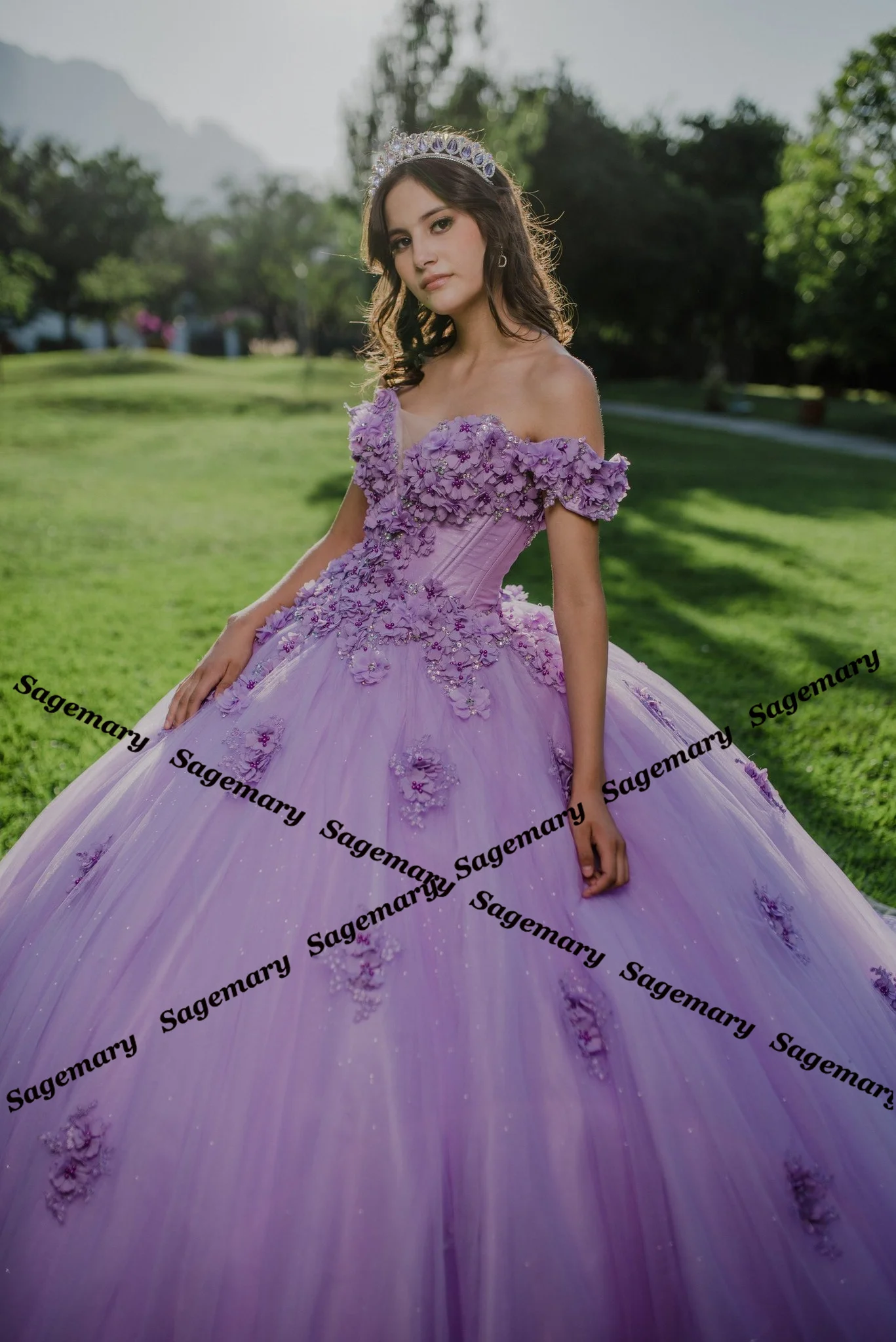 Sagemary Fancy Appliques Quincenera Dresses Tulle Lace Up Ball Gown Off the Shoulder Sweep Train De Fiesta Customised