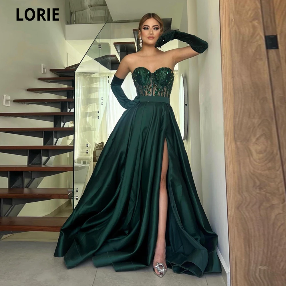 

LORIE Green Satin A-line Evening Dresses 2023 Party Dresses Sweetheart Appliques Leg Slit Prom Gowns Robe De Soiree De Mariage