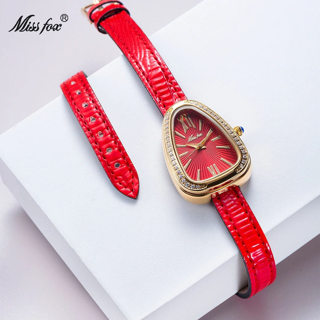 MISSFOX Classic Noble Red Snake Watches Woman Leather strap Bracelet Quartz Fashion Luxury Women Watch Unique Relogio Feminino