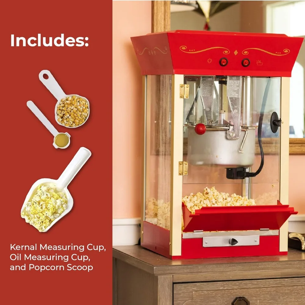 Popcorn Maker Machine, Professional Cart With 8 Oz Kettle Makes Up to 32 Cups, Vintage Popcorn Machine Movie Theater Style-Red