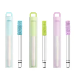Compact Foldable Reusable Straw Set with Collapsible Silcone Tip and Stainless Steel Body (Purple)